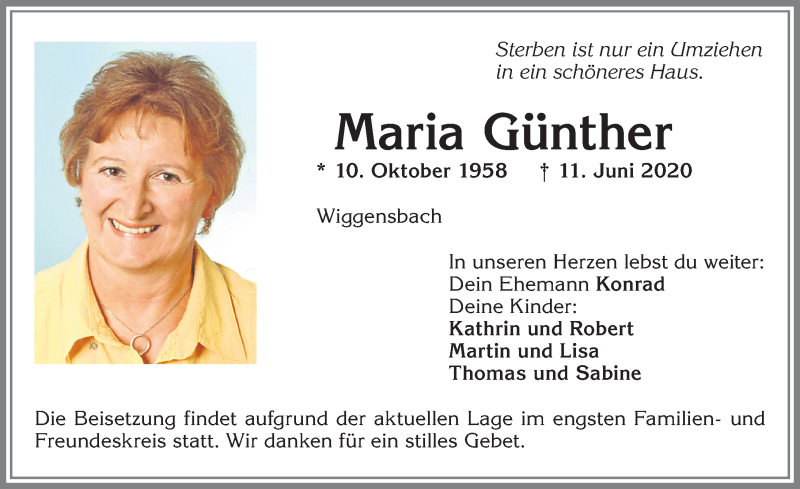  Traueranzeige für Maria Günther vom 13.06.2020 aus Allgäuer Zeitung,Kempten