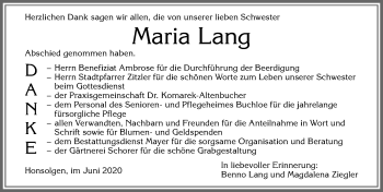 Traueranzeige von Maria Lang von Allgäuer Zeitung, Kaufbeuren/Buchloe