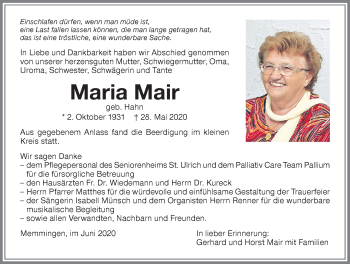 Traueranzeige von Maria Mair von Memminger Zeitung
