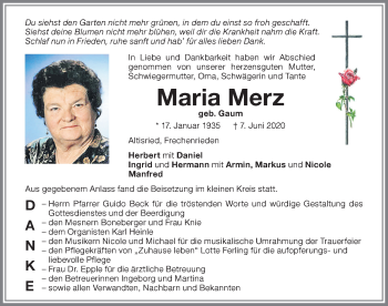 Traueranzeige von Maria Merz von Memminger Zeitung