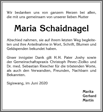 Traueranzeige von Maria Schaidnagel von Allgäuer Anzeigeblatt