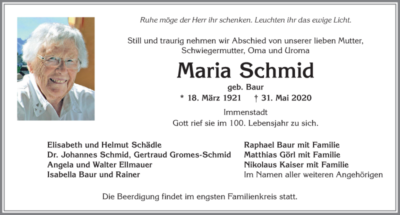  Traueranzeige für Maria Schmid vom 06.06.2020 aus Allgäuer Anzeigeblatt