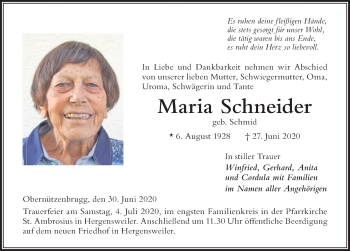 Traueranzeige von Maria Schneider von Der Westallgäuer