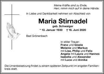 Traueranzeige von Maria Stirnadel von Memminger Zeitung
