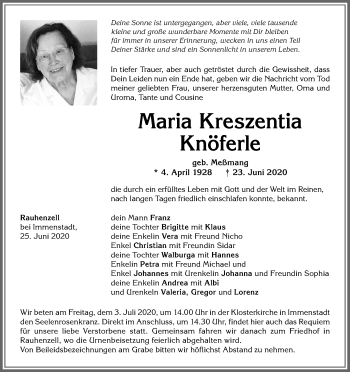 Traueranzeige von Maria Kreszentia Knöferle von Allgäuer Anzeigeblatt