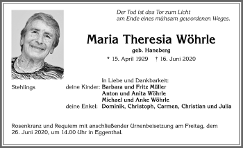 Traueranzeige von Maria Theresia Wöhrle von Allgäuer Zeitung, Marktoberdorf