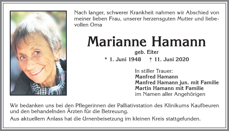  Traueranzeige für Marianne Hamann vom 27.06.2020 aus Allgäuer Zeitung, Kaufbeuren/Buchloe