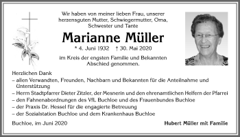 Traueranzeige von Marianne Müller von Allgäuer Zeitung, Kaufbeuren/Buchloe