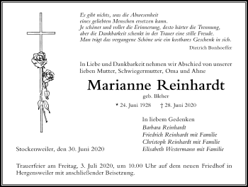 Traueranzeige von Marianne Reinhardt von Der Westallgäuer