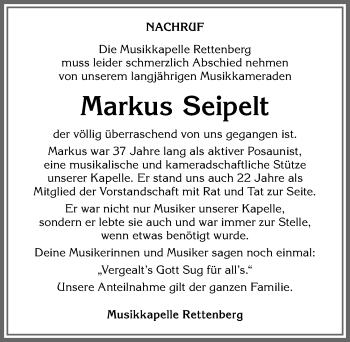 Traueranzeige von Markus Seipelt von Allgäuer Anzeigeblatt