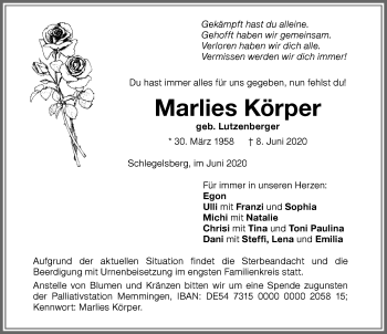 Traueranzeige von Marlies Körper von Memminger Zeitung