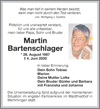 Traueranzeige von Martin Bartenschlager von Memminger Zeitung