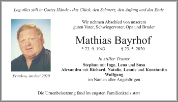Traueranzeige von Mathias Bayrhof von Allgäuer Zeitung, Marktoberdorf