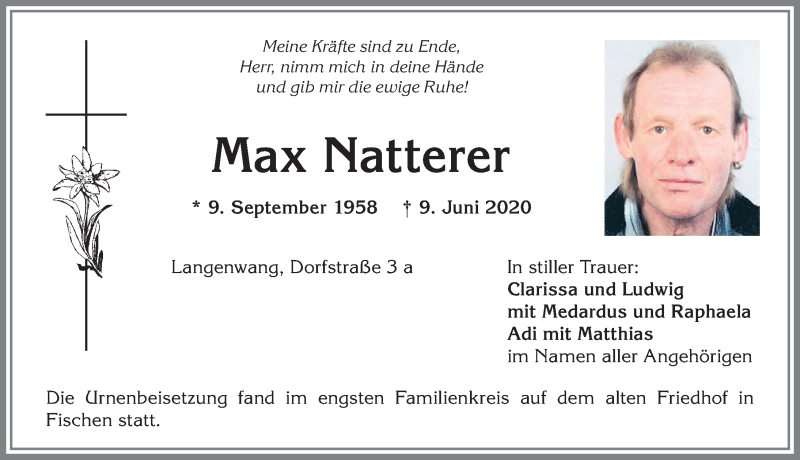  Traueranzeige für Max Natterer vom 19.06.2020 aus Allgäuer Anzeigeblatt