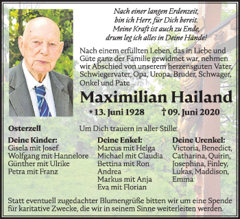 Traueranzeige von Maximilian Hailand von Allgäuer Zeitung, Kaufbeuren/Buchloe