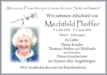 Traueranzeige von Mechthild Pfeiffer von Allgäuer Zeitung, Füssen
