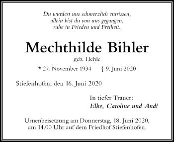 Traueranzeige von Mechthilde Bihler von Der Westallgäuer
