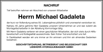 Traueranzeige von Michael Gadaleta von Memminger Zeitung