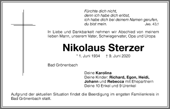 Traueranzeige von Nikolaus Sterzer von Memminger Zeitung