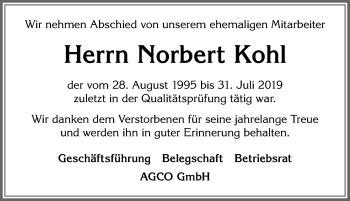 Traueranzeige von Norbert Kohl von Allgäuer Zeitung, Marktoberdorf