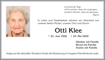 Traueranzeige von Otti Klee von Allgäuer Anzeigeblatt