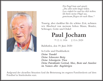 Traueranzeige von Paul Jocham von Der Westallgäuer