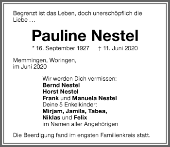 Traueranzeige von Pauline Nestel von Memminger Zeitung