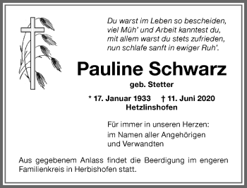 Traueranzeige von Pauline Schwarz von Memminger Zeitung