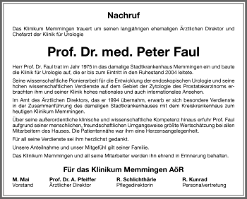 Traueranzeige von Peter Faul von Memminger Zeitung