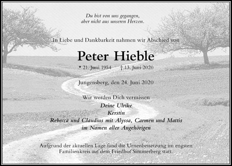  Traueranzeige für Peter Hieble vom 24.06.2020 aus Der Westallgäuer