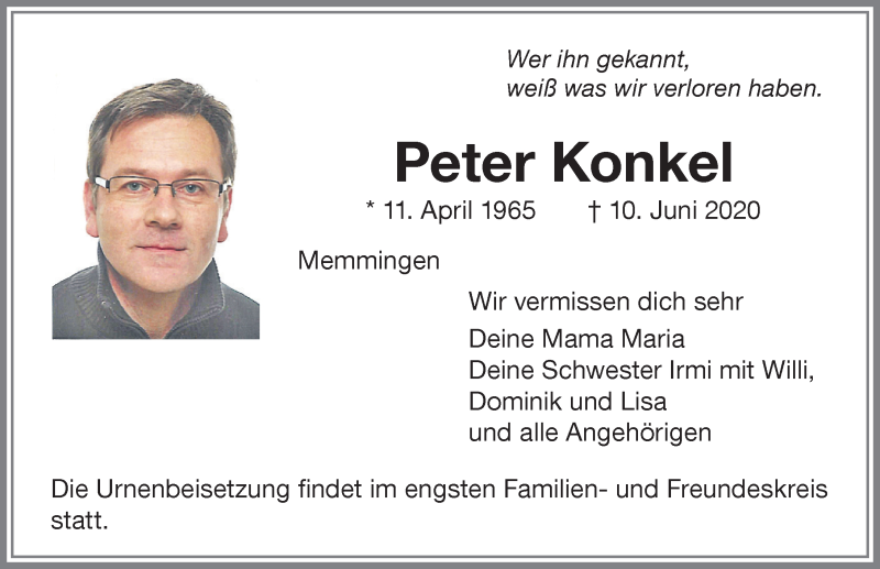  Traueranzeige für Peter Konkel vom 17.06.2020 aus Memminger Zeitung