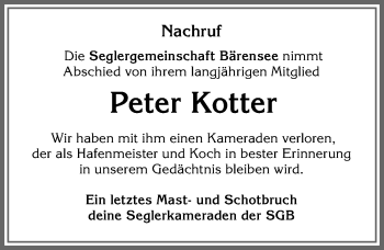 Traueranzeige von Peter Kotter von Allgäuer Zeitung, Kaufbeuren/Buchloe