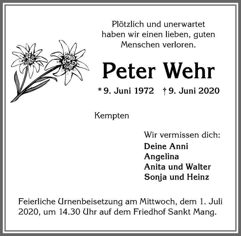  Traueranzeige für Peter Wehr vom 27.06.2020 aus Allgäuer Zeitung,Kempten