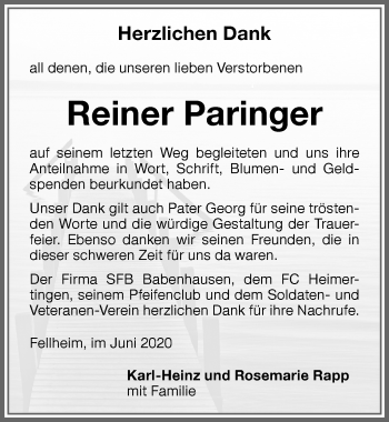 Traueranzeige von Reiner Paringer von Memminger Zeitung