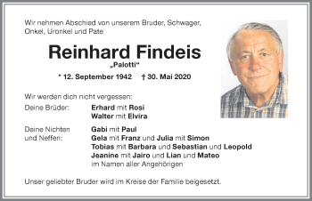 Traueranzeige von Reinhard Findeis von Allgäuer Zeitung, Marktoberdorf