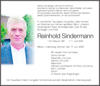 Traueranzeige von Reinhold Sindermann von Der Westallgäuer