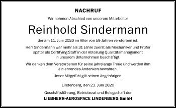 Traueranzeige von Reinhold Sindermann von Der Westallgäuer