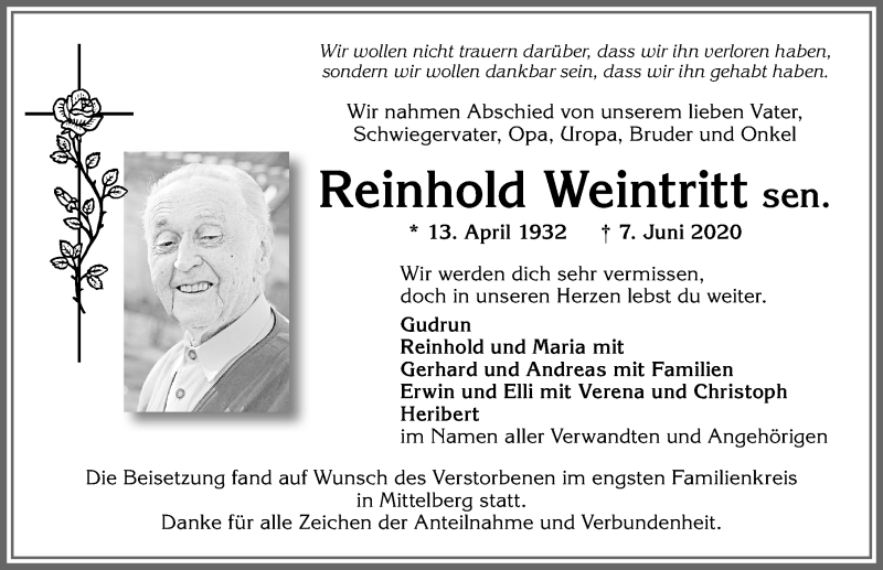  Traueranzeige für Reinhold Weintritt vom 13.06.2020 aus Allgäuer Zeitung,Kempten