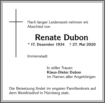 Traueranzeige von Renate Dubon von Allgäuer Anzeigeblatt