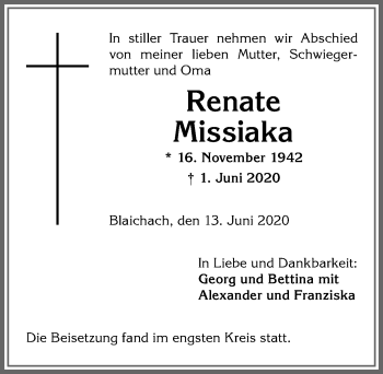 Traueranzeige von Renate Missiaka von Allgäuer Anzeigeblatt