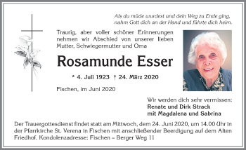 Traueranzeige von Rosamunde Esser von Allgäuer Anzeigeblatt