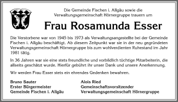 Traueranzeige von Rosamunde Esser von Allgäuer Anzeigeblatt