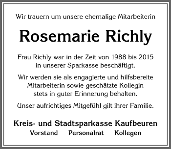 Traueranzeige von Rosemarie Richly von Allgäuer Zeitung, Kaufbeuren/Buchloe