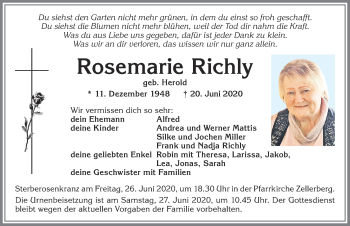 Traueranzeige von Rosemarie Richly von Allgäuer Zeitung, Kaufbeuren/Buchloe