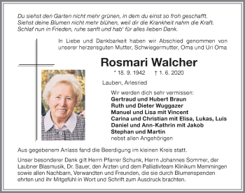 Traueranzeige von Rosmari Walcher von Memminger Zeitung
