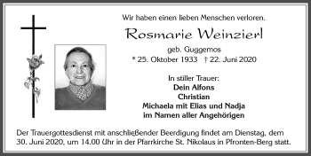 Traueranzeige von Rosmarie Weinzierl von Allgäuer Zeitung, Füssen