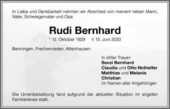 Traueranzeige von Rudi Bernhard von Memminger Zeitung