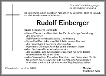 Traueranzeige von Rudolf Einberger von Allgäuer Anzeigeblatt