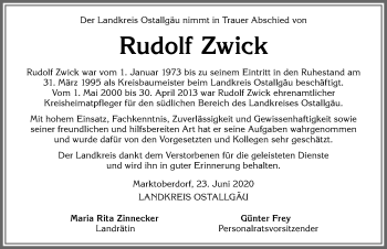 Traueranzeige von Rudolf Zwick von Allgäuer Zeitung