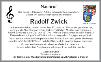 Traueranzeige von Rudolf Zwick von Allgäuer Zeitung, Füssen